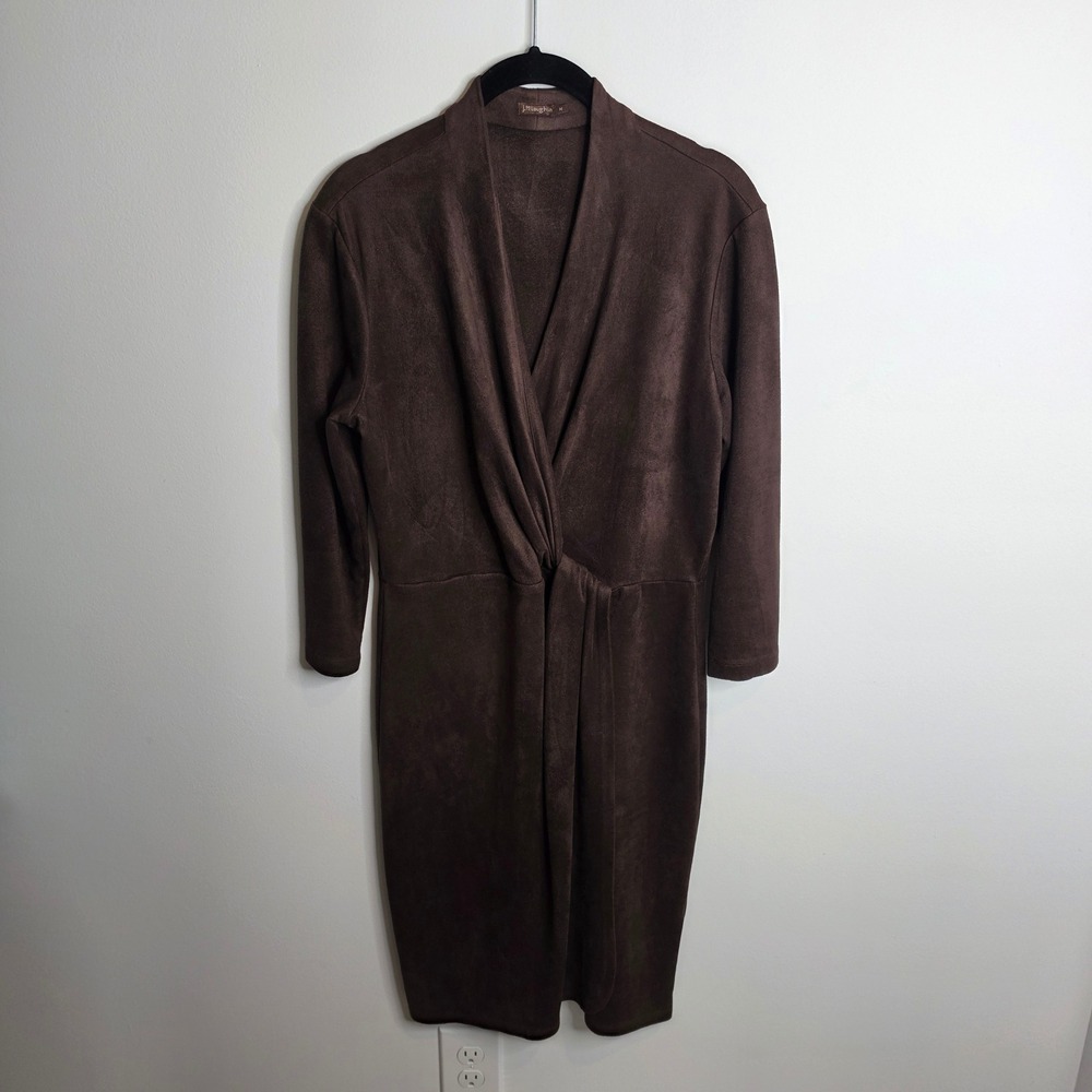 J.McLaughlin Faux Suede Dress Womens Medium Brown Twist Front Sheath Long Sleeve